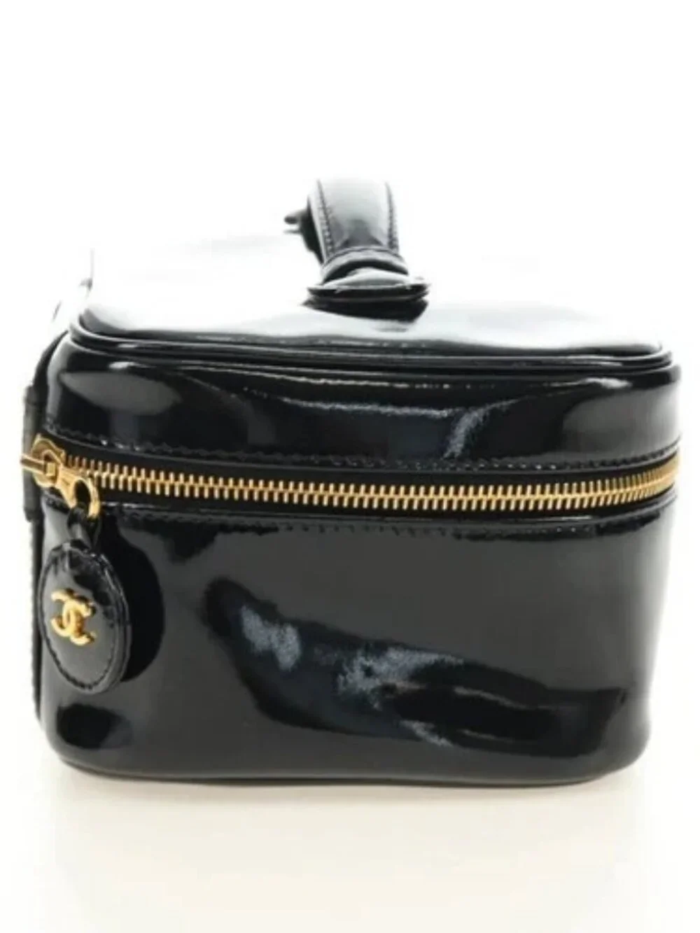 CHANEL Vanity Pouch Patent leather Black Gold CC Auth 136084